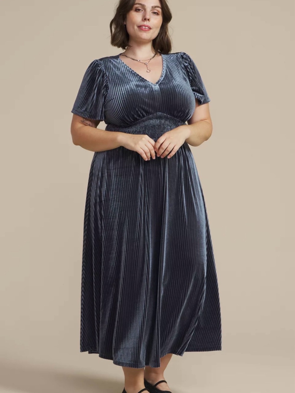 Maurices 3X Blue Ribbed Velvet Smocked Waist Midi Dress Plus Size NWT